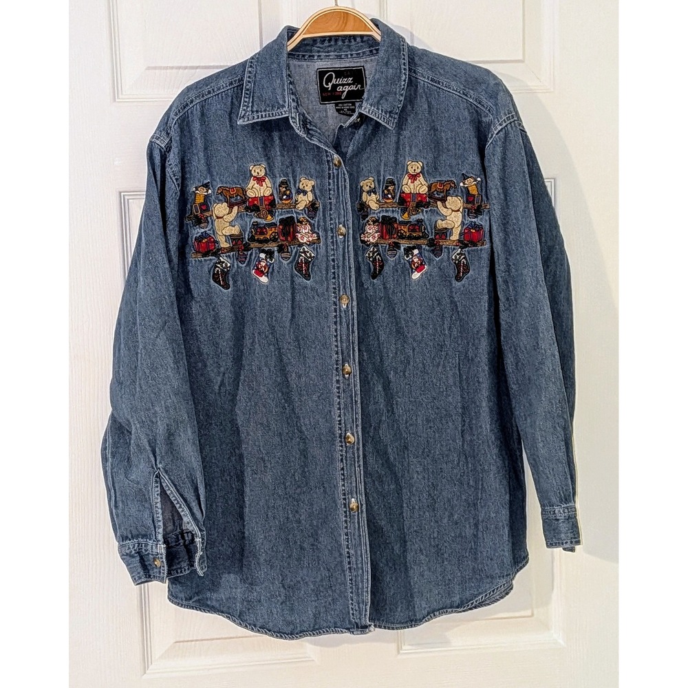 Quizz Again Denim Shirt Medium Teddy Bear Christmas Embroidered Button Down Top